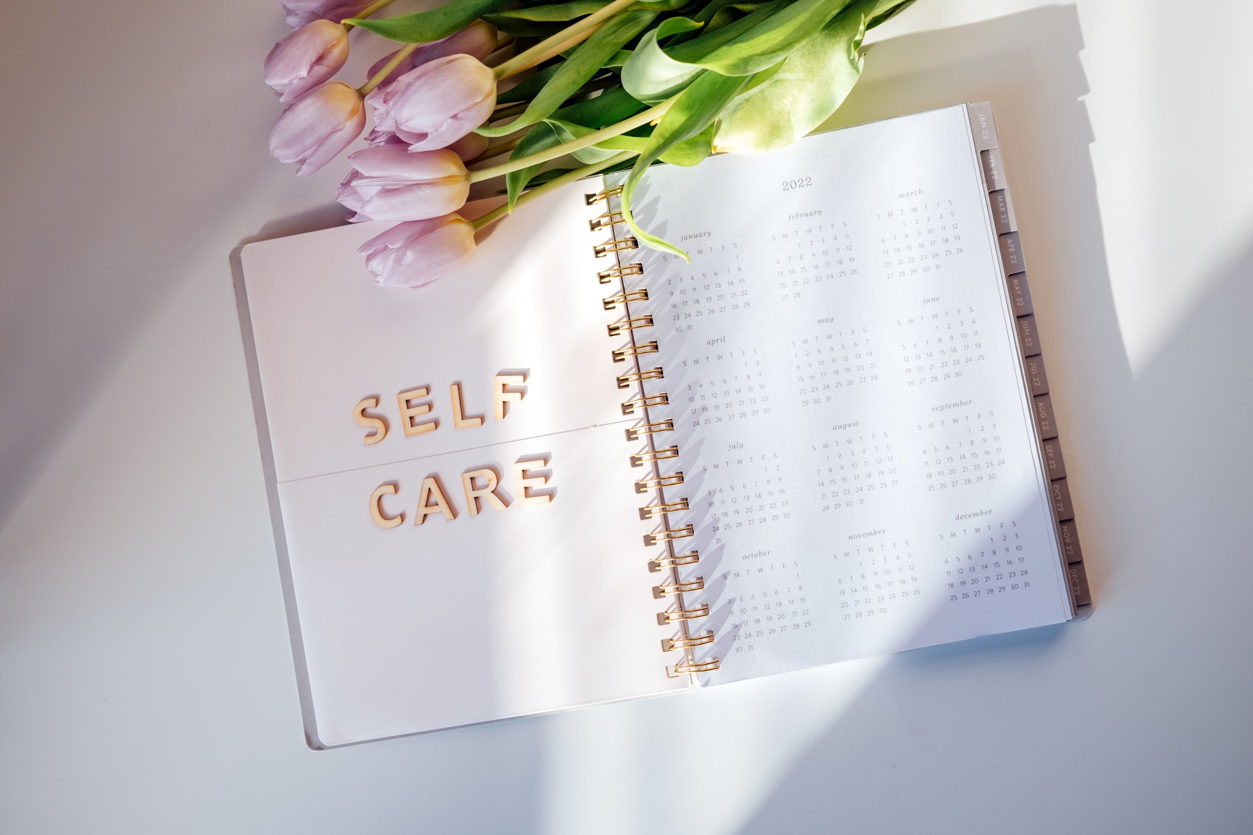 Self Care, wellbeing concept with open notebook, Self care w